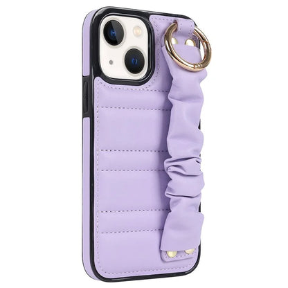 For iPhone 13 Scratch Proof Cell Phone Case Pleated Wristband PU Leather+TPU Cover