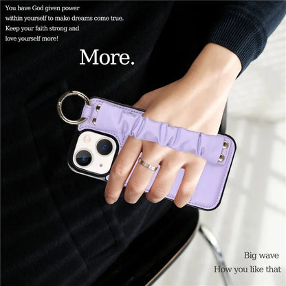 For iPhone 13 Scratch Proof Cell Phone Case Pleated Wristband PU Leather+TPU Cover