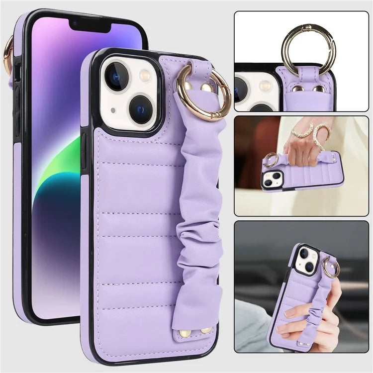 For iPhone 13 Scratch Proof Cell Phone Case Pleated Wristband PU Leather+TPU Cover