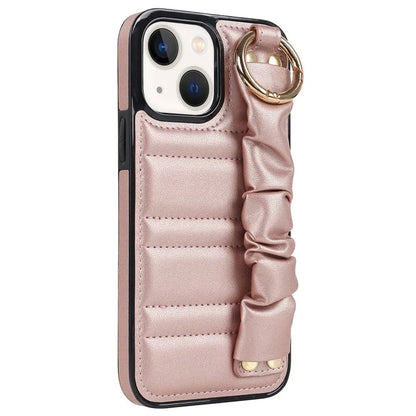For iPhone 13 Scratch Proof Cell Phone Case Pleated Wristband PU Leather+TPU Cover