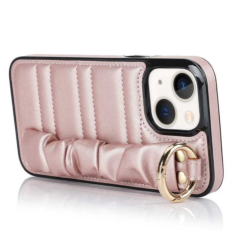For iPhone 13 Scratch Proof Cell Phone Case Pleated Wristband PU Leather+TPU Cover