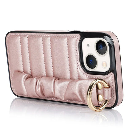 For iPhone 13 Scratch Proof Cell Phone Case Pleated Wristband PU Leather+TPU Cover