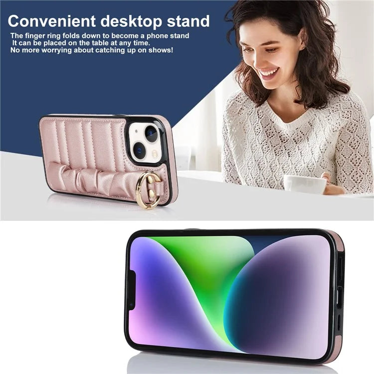 For iPhone 13 Scratch Proof Cell Phone Case Pleated Wristband PU Leather+TPU Cover