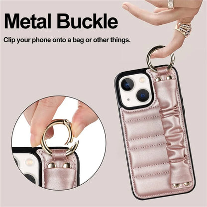For iPhone 13 Scratch Proof Cell Phone Case Pleated Wristband PU Leather+TPU Cover