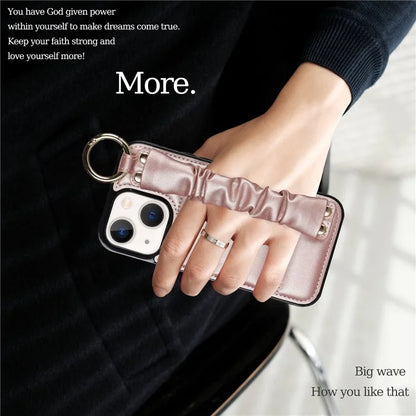 For iPhone 13 Scratch Proof Cell Phone Case Pleated Wristband PU Leather+TPU Cover