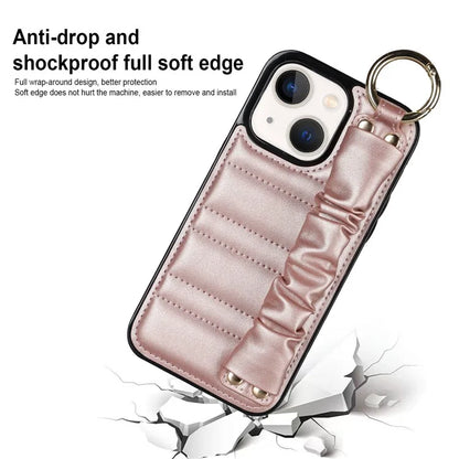 For iPhone 13 Scratch Proof Cell Phone Case Pleated Wristband PU Leather+TPU Cover
