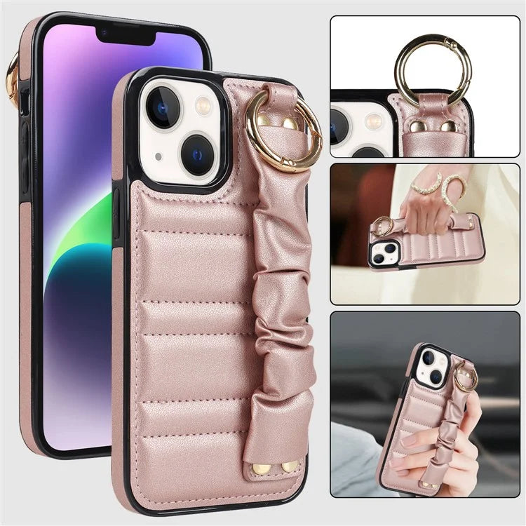 For iPhone 13 Scratch Proof Cell Phone Case Pleated Wristband PU Leather+TPU Cover