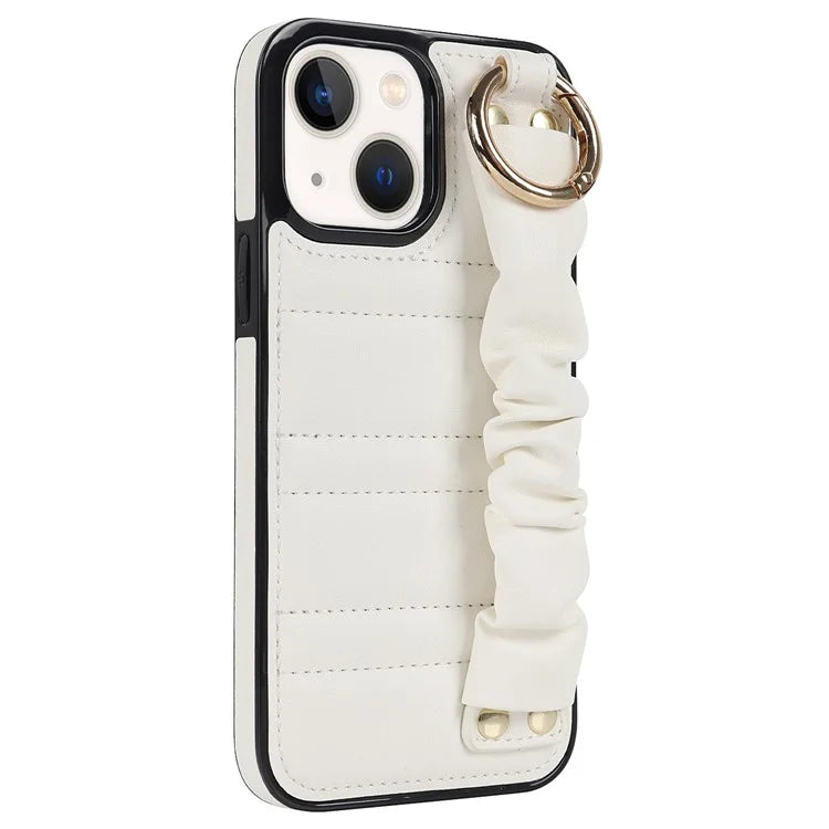 For iPhone 13 Scratch Proof Cell Phone Case Pleated Wristband PU Leather+TPU Cover