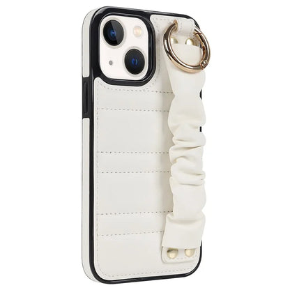 For iPhone 13 Scratch Proof Cell Phone Case Pleated Wristband PU Leather+TPU Cover