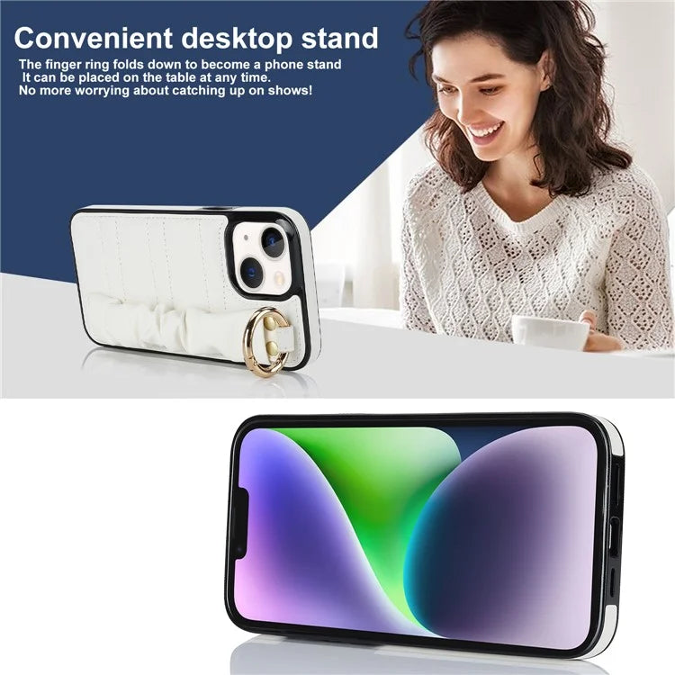 For iPhone 13 Scratch Proof Cell Phone Case Pleated Wristband PU Leather+TPU Cover