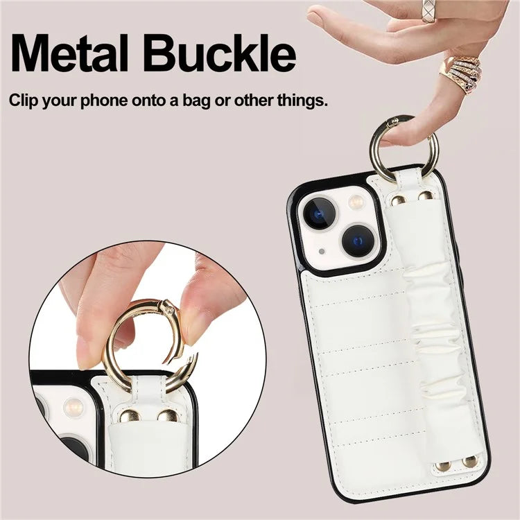 For iPhone 13 Scratch Proof Cell Phone Case Pleated Wristband PU Leather+TPU Cover