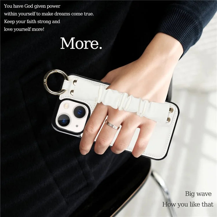 For iPhone 13 Scratch Proof Cell Phone Case Pleated Wristband PU Leather+TPU Cover