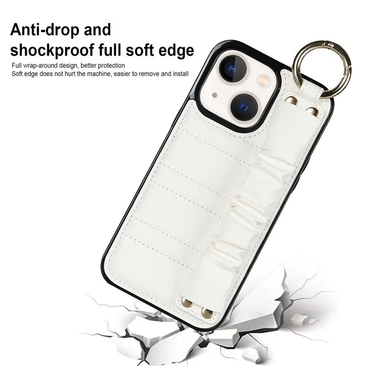 For iPhone 13 Scratch Proof Cell Phone Case Pleated Wristband PU Leather+TPU Cover