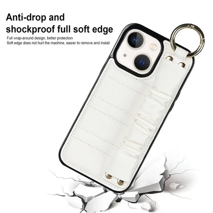 For iPhone 13 Scratch Proof Cell Phone Case Pleated Wristband PU Leather+TPU Cover