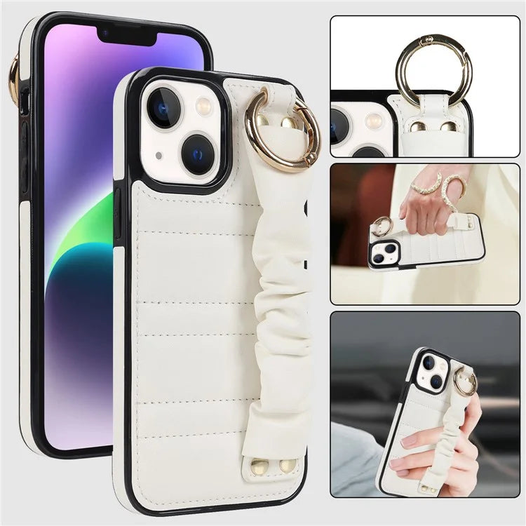 For iPhone 13 Scratch Proof Cell Phone Case Pleated Wristband PU Leather+TPU Cover