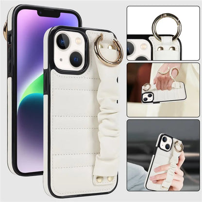 For iPhone 13 Scratch Proof Cell Phone Case Pleated Wristband PU Leather+TPU Cover