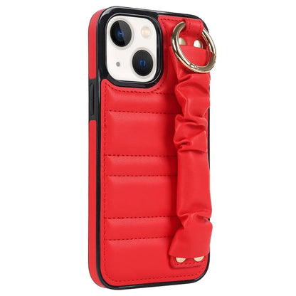 For iPhone 13 Scratch Proof Cell Phone Case Pleated Wristband PU Leather+TPU Cover