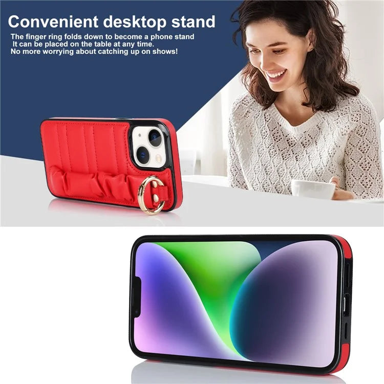 For iPhone 13 Scratch Proof Cell Phone Case Pleated Wristband PU Leather+TPU Cover