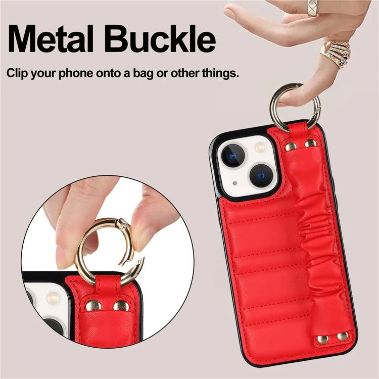 For iPhone 13 Scratch Proof Cell Phone Case Pleated Wristband PU Leather+TPU Cover