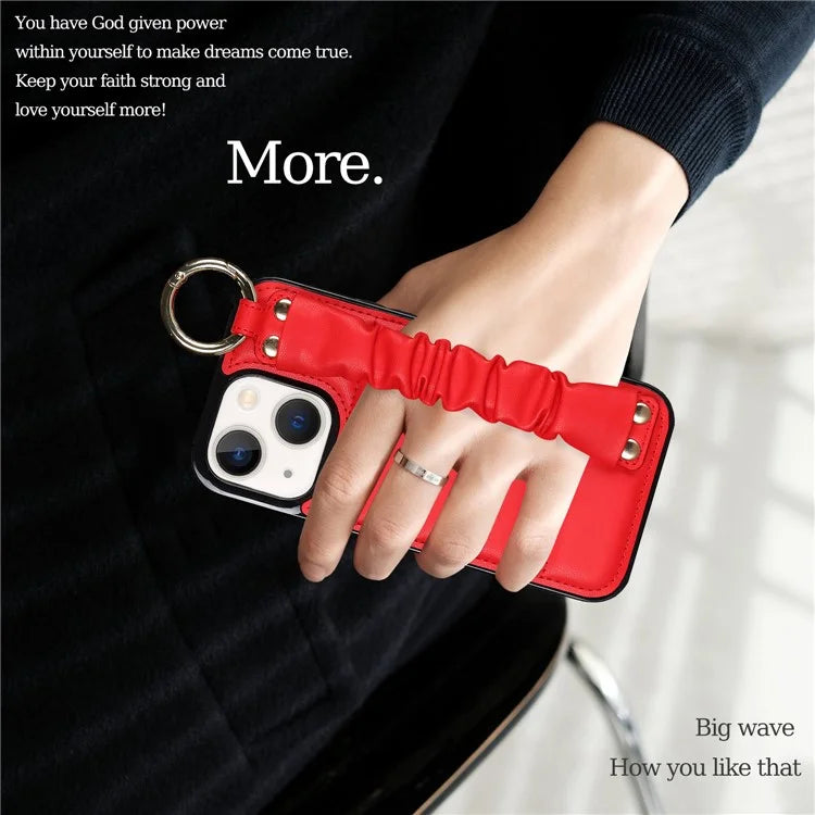 For iPhone 13 Scratch Proof Cell Phone Case Pleated Wristband PU Leather+TPU Cover