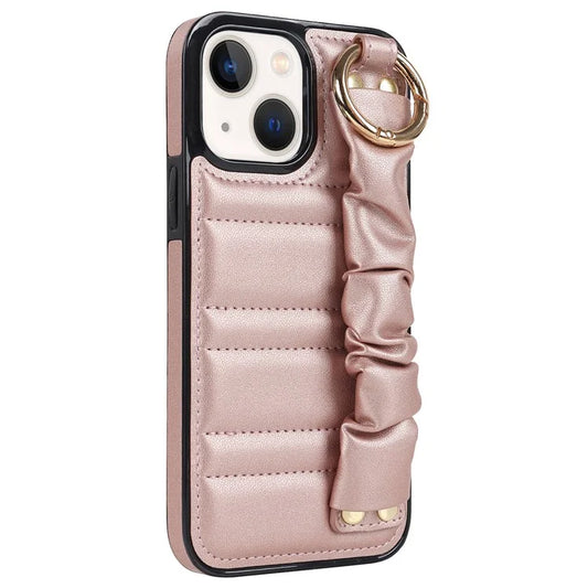 For iPhone 14 Plus Fall Proof Cell Phone Case Pleated Wristband PU Leather+TPU Cover