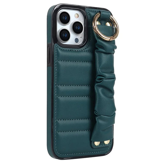Back Cover for iPhone 12 Pro Max Pleated Wristband PU Leather+TPU Cell Phone Case