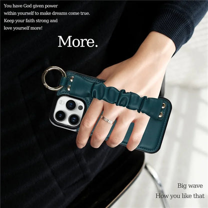 Back Cover for iPhone 12 Pro Max Pleated Wristband PU Leather+TPU Cell Phone Case
