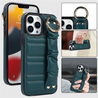 Back Cover for iPhone 12 Pro Max Pleated Wristband PU Leather+TPU Cell Phone Case