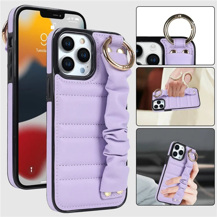 Back Cover for iPhone 12 Pro Max Pleated Wristband PU Leather+TPU Cell Phone Case