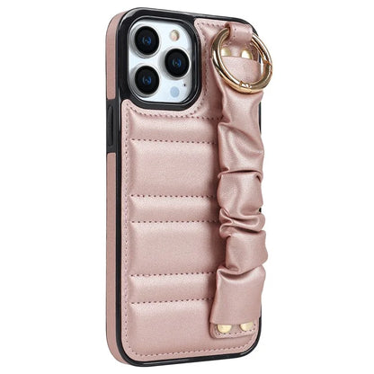 Back Cover for iPhone 12 Pro Max Pleated Wristband PU Leather+TPU Cell Phone Case