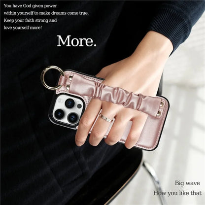 Back Cover for iPhone 12 Pro Max Pleated Wristband PU Leather+TPU Cell Phone Case