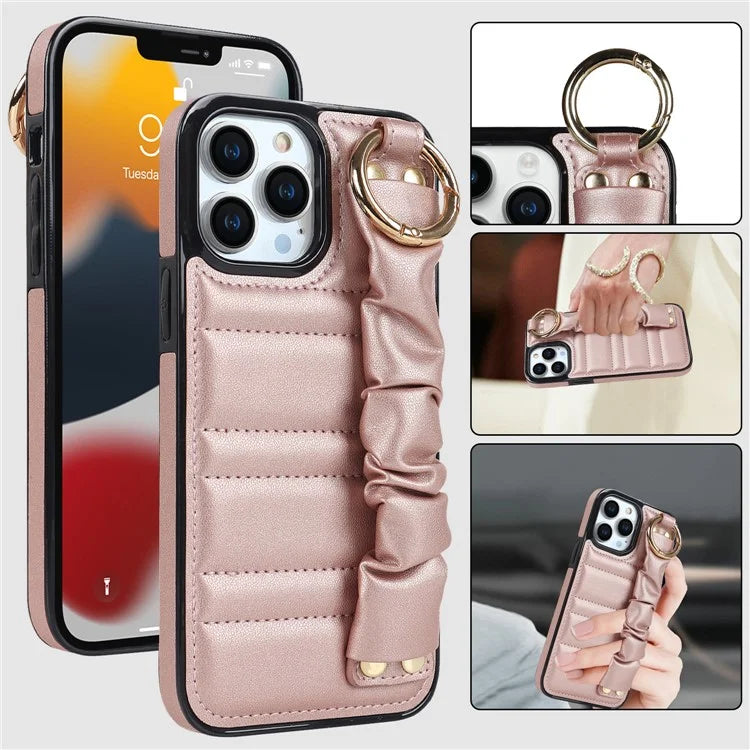 Back Cover for iPhone 12 Pro Max Pleated Wristband PU Leather+TPU Cell Phone Case