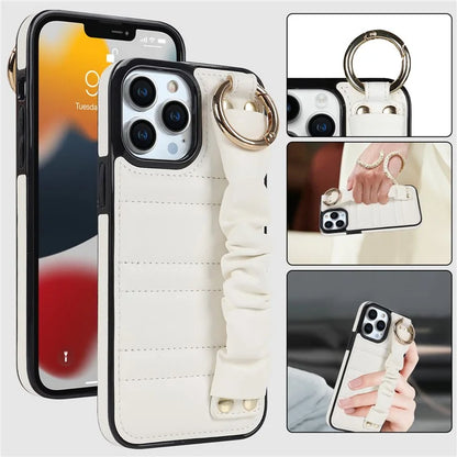 Back Cover for iPhone 12 Pro Max Pleated Wristband PU Leather+TPU Cell Phone Case