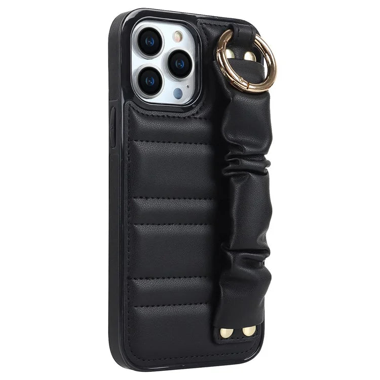 Back Cover for iPhone 12 Pro Max Pleated Wristband PU Leather+TPU Cell Phone Case