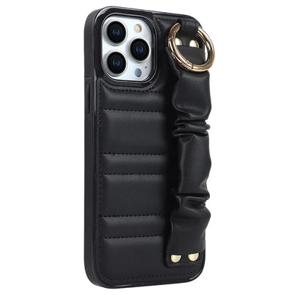 Back Cover for iPhone 12 Pro Max Pleated Wristband PU Leather+TPU Cell Phone Case
