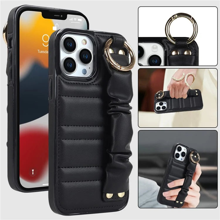 Back Cover for iPhone 12 Pro Max Pleated Wristband PU Leather+TPU Cell Phone Case