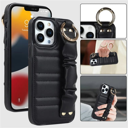 Back Cover for iPhone 12 Pro Max Pleated Wristband PU Leather+TPU Cell Phone Case