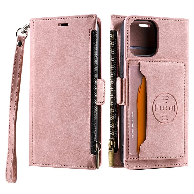 Style 003 For iPhone 15 Leather Case Zipper Pocket Wallet Phone Kickstand Cover