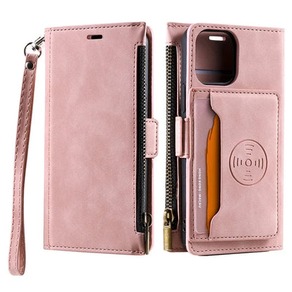 Style 003 For iPhone 15 Leather Case Zipper Pocket Wallet Phone Kickstand Cover