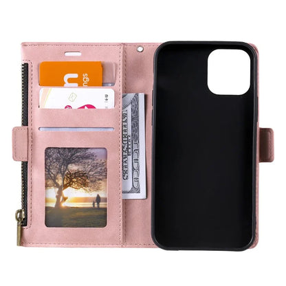 Style 003 For iPhone 15 Leather Case Zipper Pocket Wallet Phone Kickstand Cover
