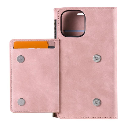Style 003 For iPhone 15 Leather Case Zipper Pocket Wallet Phone Kickstand Cover