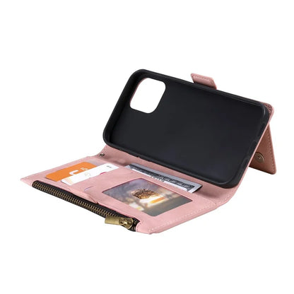 Style 003 For iPhone 15 Leather Case Zipper Pocket Wallet Phone Kickstand Cover