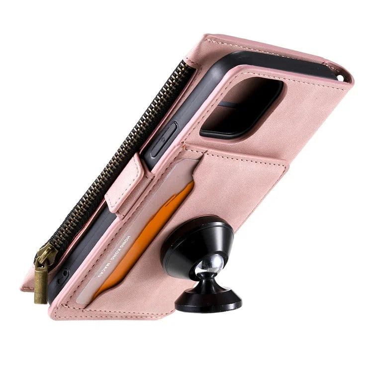 Style 003 For iPhone 15 Leather Case Zipper Pocket Wallet Phone Kickstand Cover