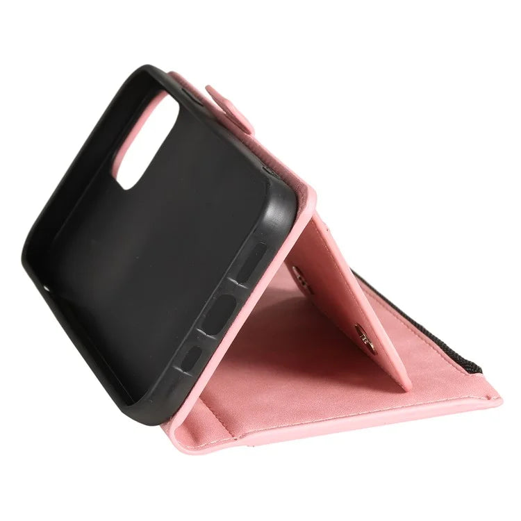 Style 003 For iPhone 15 Leather Case Zipper Pocket Wallet Phone Kickstand Cover