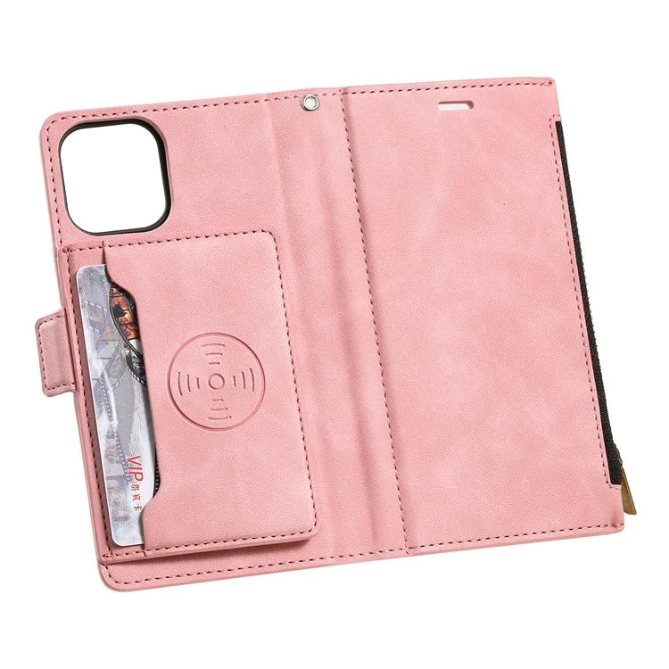 Style 003 For iPhone 15 Leather Case Zipper Pocket Wallet Phone Kickstand Cover