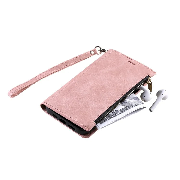 Style 003 For iPhone 15 Leather Case Zipper Pocket Wallet Phone Kickstand Cover