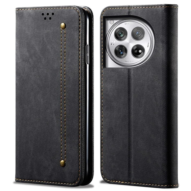 For OnePlus 12 5G Case with Stand Jeans Cloth Texture Wallet Leather Cover