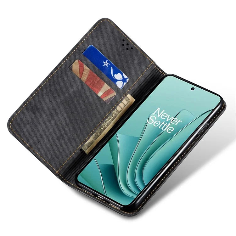 For OnePlus 12 5G Case with Stand Jeans Cloth Texture Wallet Leather Cover