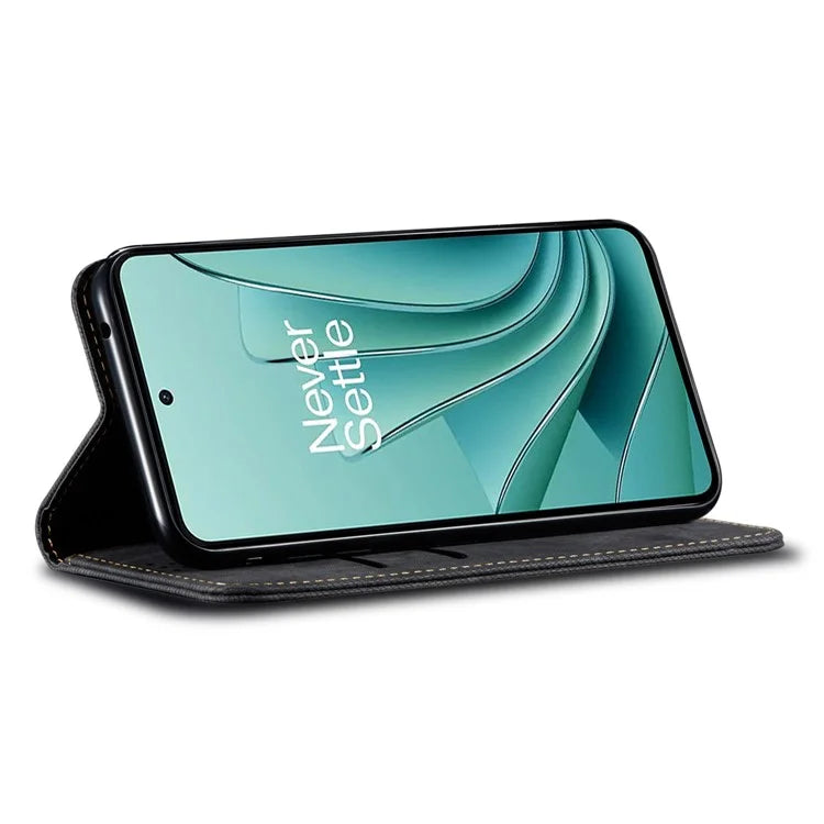 For OnePlus 12 5G Case with Stand Jeans Cloth Texture Wallet Leather Cover