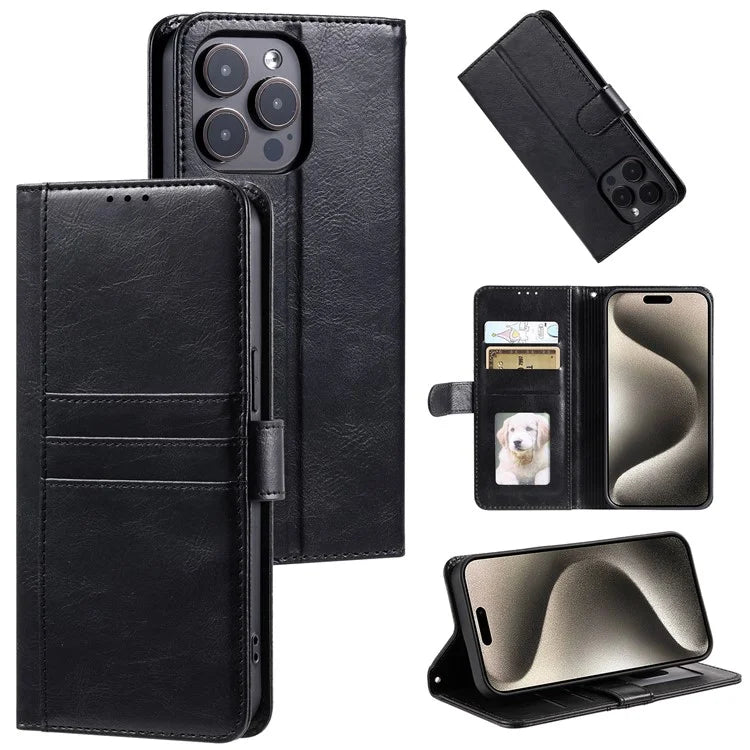 For iPhone 15 Pro Max Case Leather Phone Cover Stand Wallet with Hand Strap